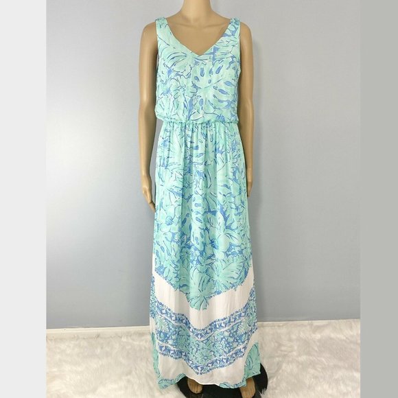 NWOT Vineyard Vines Silk Palm Leaf Scarf Print Maxi Dress Capri Blue Lined - Picture 3 of 7